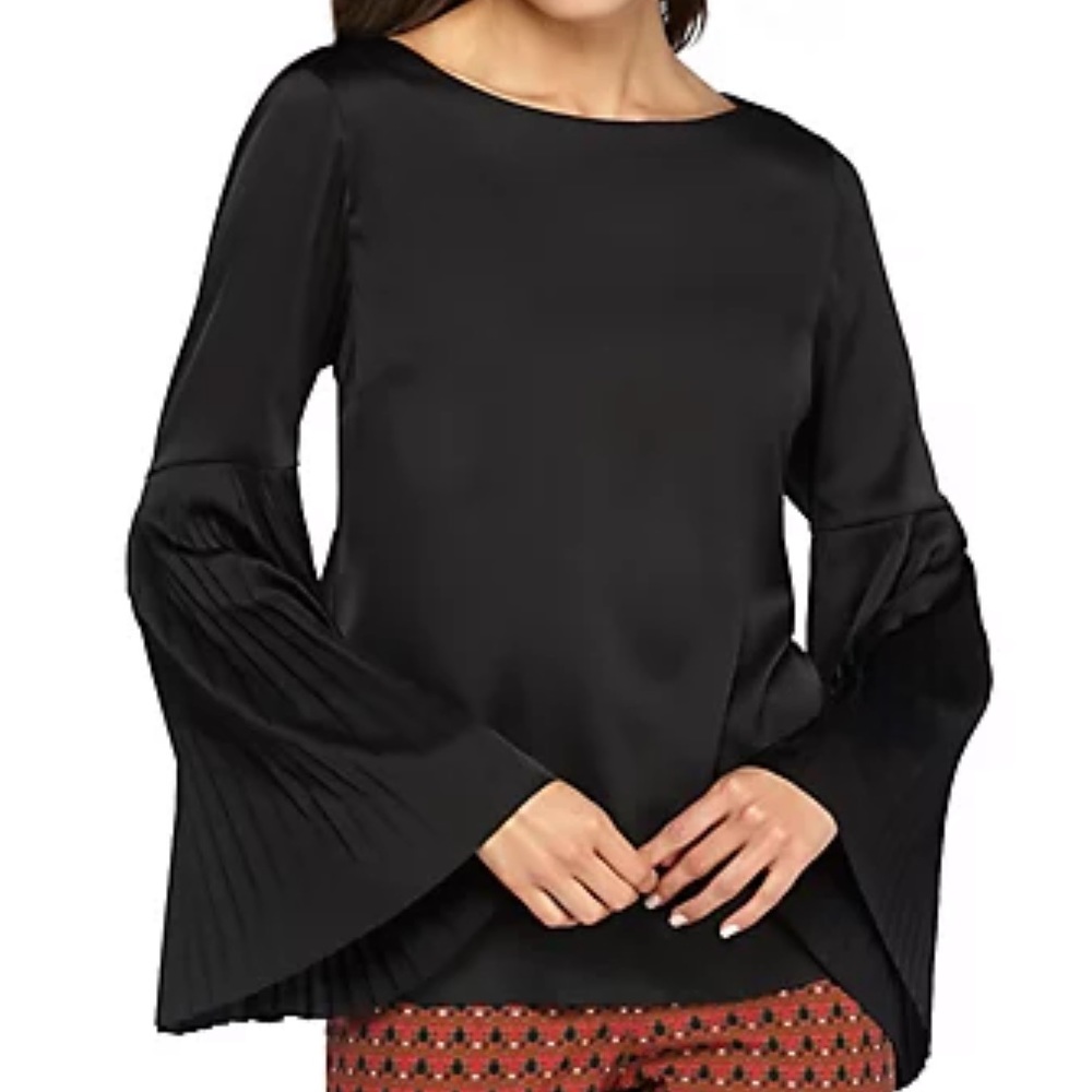 The Limited Black Pleated Bell Sleeve Blouse Satin 2x shabby chic retro dressy